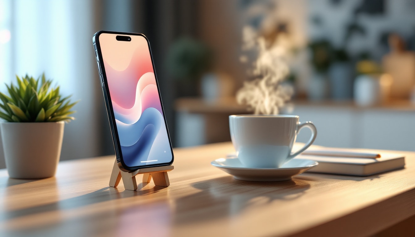 A smartphone on a stand showing a softly glowing email inbox on a clean wooden desk in warm morning light, beside a cup of coffee and a small plant.