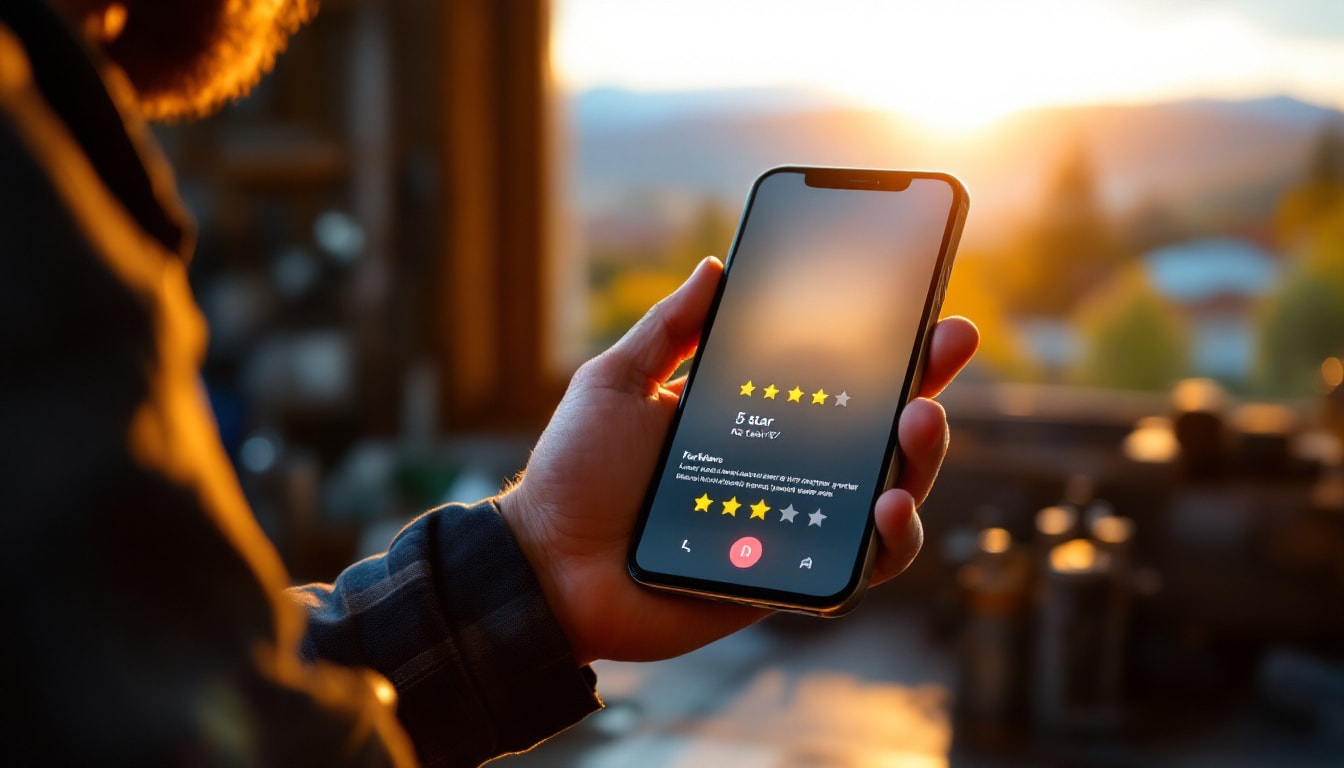 A Northern Nevada tradesperson holding a phone showing a five-star review at golden hour, Sierra Nevada foothills behind — the visual metaphor for replying to reviews as reputation work in 2026.
