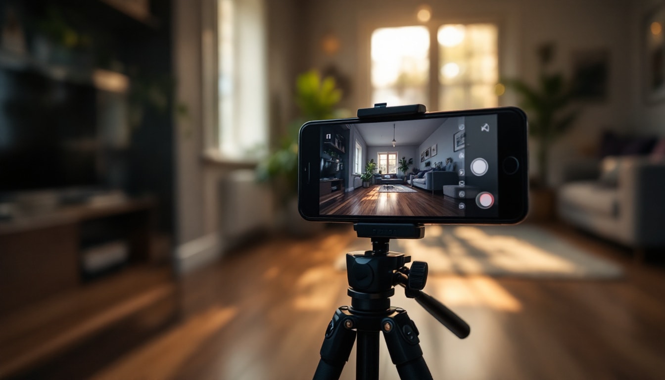 A smartphone on a tripod filming a freshly renovated interior with a gleaming hardwood floor in warm light.