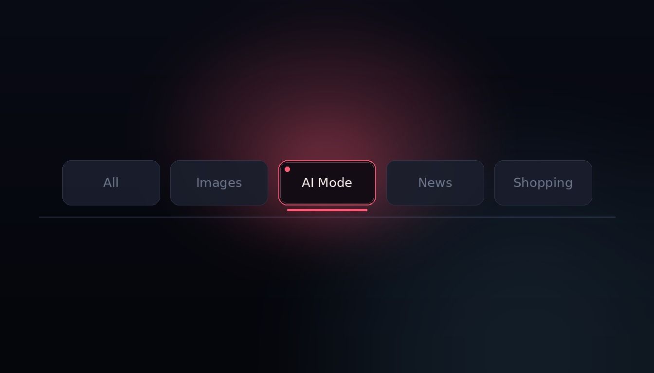 A single glowing 'AI Mode' browser tab surrounded by dim classic tabs on a dark surface — the visual metaphor for Google's AI Mode replacing the default search experience in 2026.