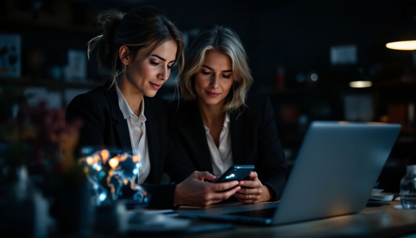 Two local service-business owners reviewing advertising performance and lead data on a phone and laptop in warm evening light.