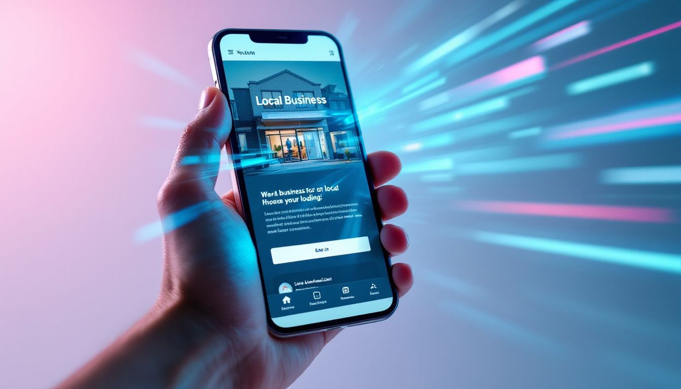 A hand holds a smartphone showing a fast-loading local business website, with blue and pink motion-blur speed streaks conveying page speed.
