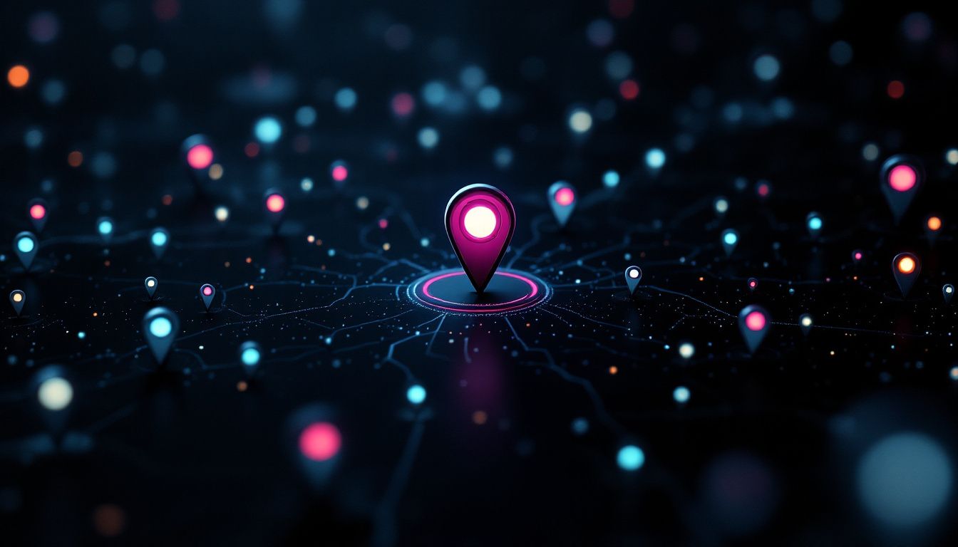 A single bright, verified location pin in sharp focus at the center of a dark field of scattered, mismatched, out-of-focus map pins — the visual metaphor for citation cleanup and NAP consistency.