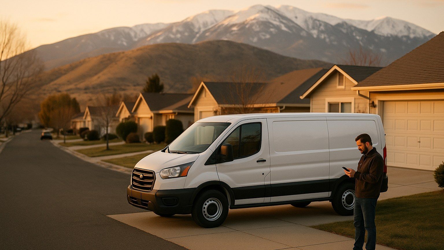 A white service van parked in a quiet Northern Nevada neighborhood at golden hour, snow-dusted Sierra peaks behind, as a neighbor checks his phone — the visual metaphor for neighbor-to-neighbor recommendations on Nextdoor.