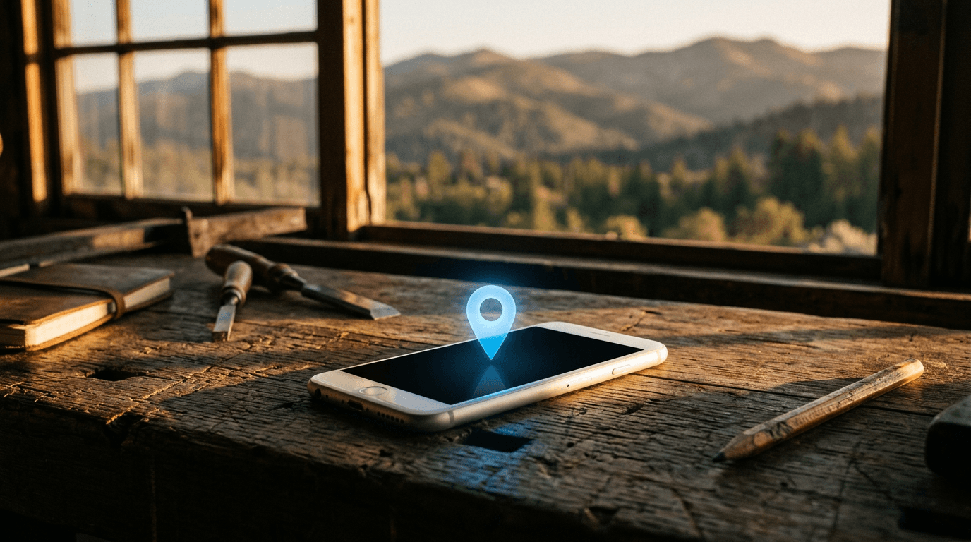 An iPhone resting on a weathered workshop bench at golden hour with a glowing blue map pin on its screen, Sierra Nevada foothills blurred through the window behind — the visual metaphor for the second local search engine running quietly on every customer's phone.