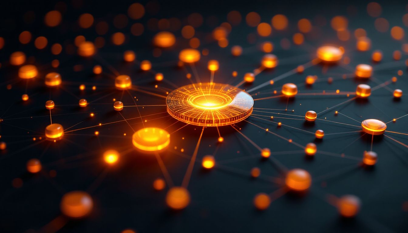 A glowing central hub node connected by luminous lines to many satellite nodes, illustrating a hub-and-spoke content cluster and topical authority.