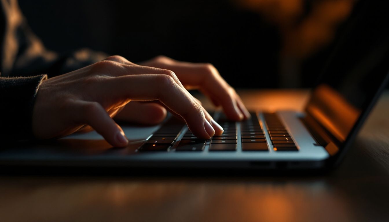 Close-up of a person's hands typing on a laptop keyboard in warm side light, representing keyboard-only web navigation.