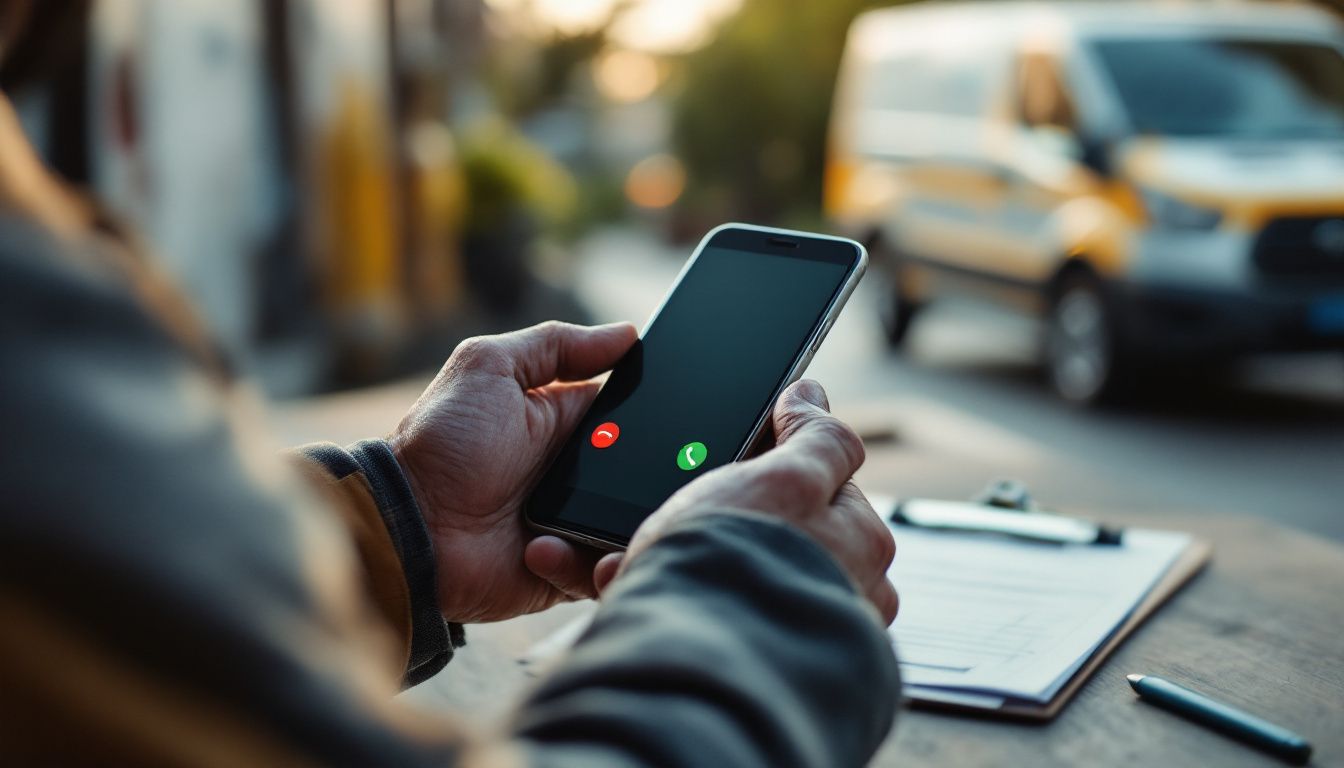 A service tradesperson's hands holding a smartphone showing an incoming phone call, work van softly out of focus behind, representing tracked inbound calls.